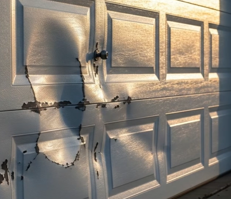 Dented garage door panel before repair